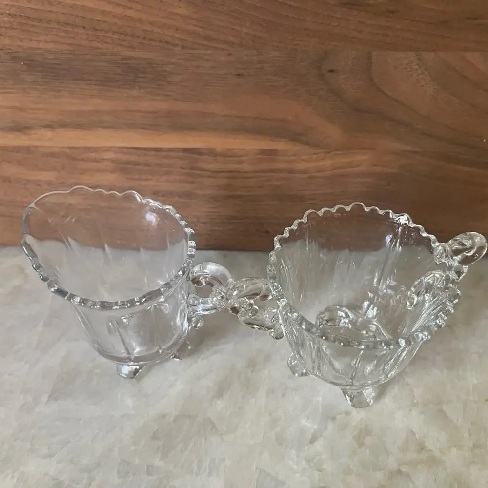 Vintage crystal  glass footed creamer and sugar set 2-1/2